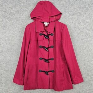 Kim Rogers Women's Red Wool Blend Hooded Duffle Coat Size 10 Toggle Buttons SPOT